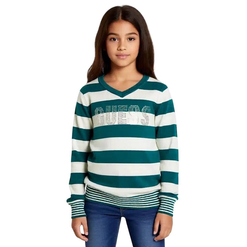 GUESS Girls‎ Teal White Striped Rhinestone Logo V-Neck Cotton Sweater 8/10 NWT